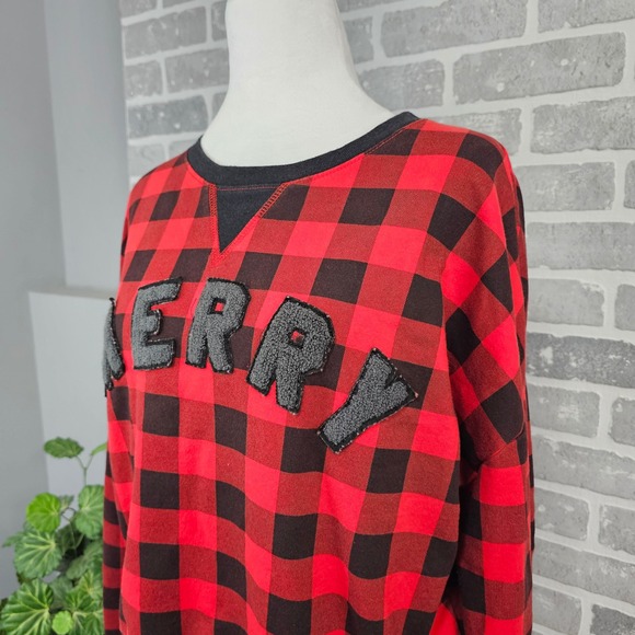 Fifth Sun Women's Cropped Buffalo Plaid‎ MERRY Sweatshirt Holiday Women's Large - Picture 4 of 9